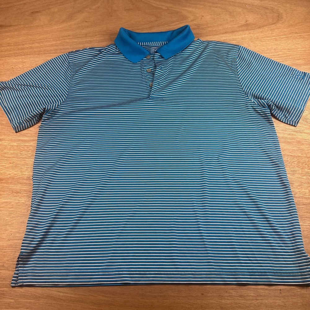 PGA Tour Golf Polo Shirt Mens Large Teal White Striped Performance Short Sleeve